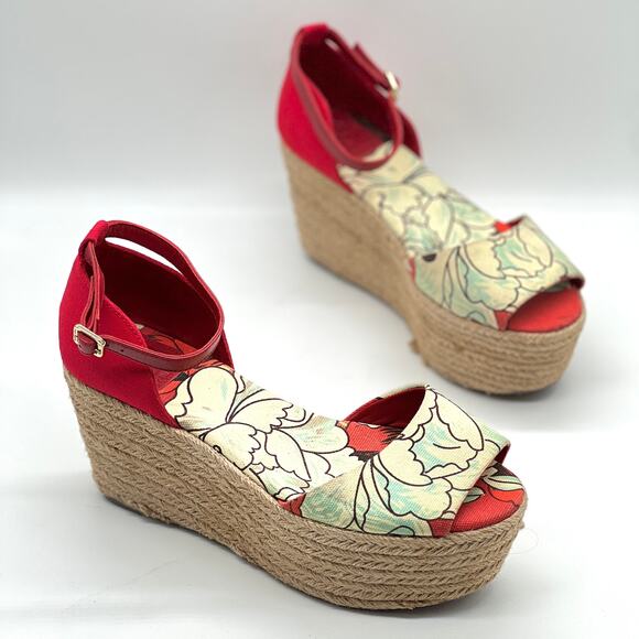 Tory Burch Shoes - TORY BURCH Sherri Espadrille Platfrom Sandal Womens 9 Red Cream Floral Print